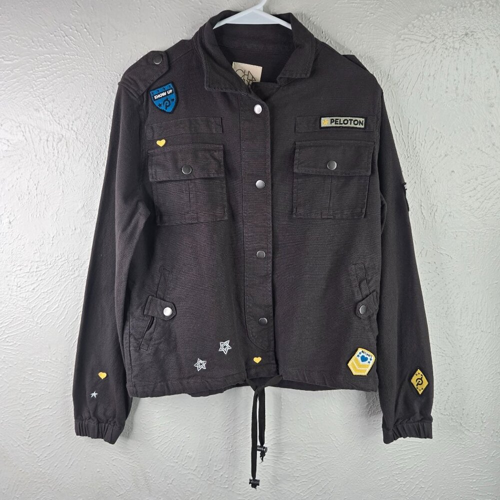 Chaser X Peloton Military Jacket Sz S Gray Denim Button Utility Patch Cargo Coat